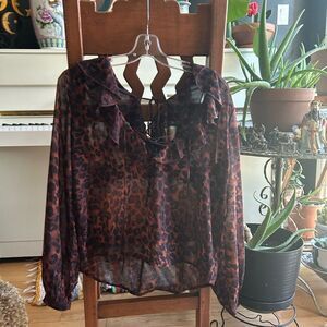 Amisu Brown and Black Sheer Ruffled Tie Front Blouse XS